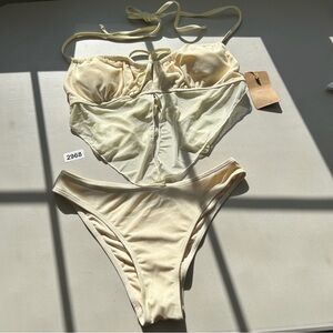 Samiol Women’s Medium Off White Mesh Ruched Tankini Set